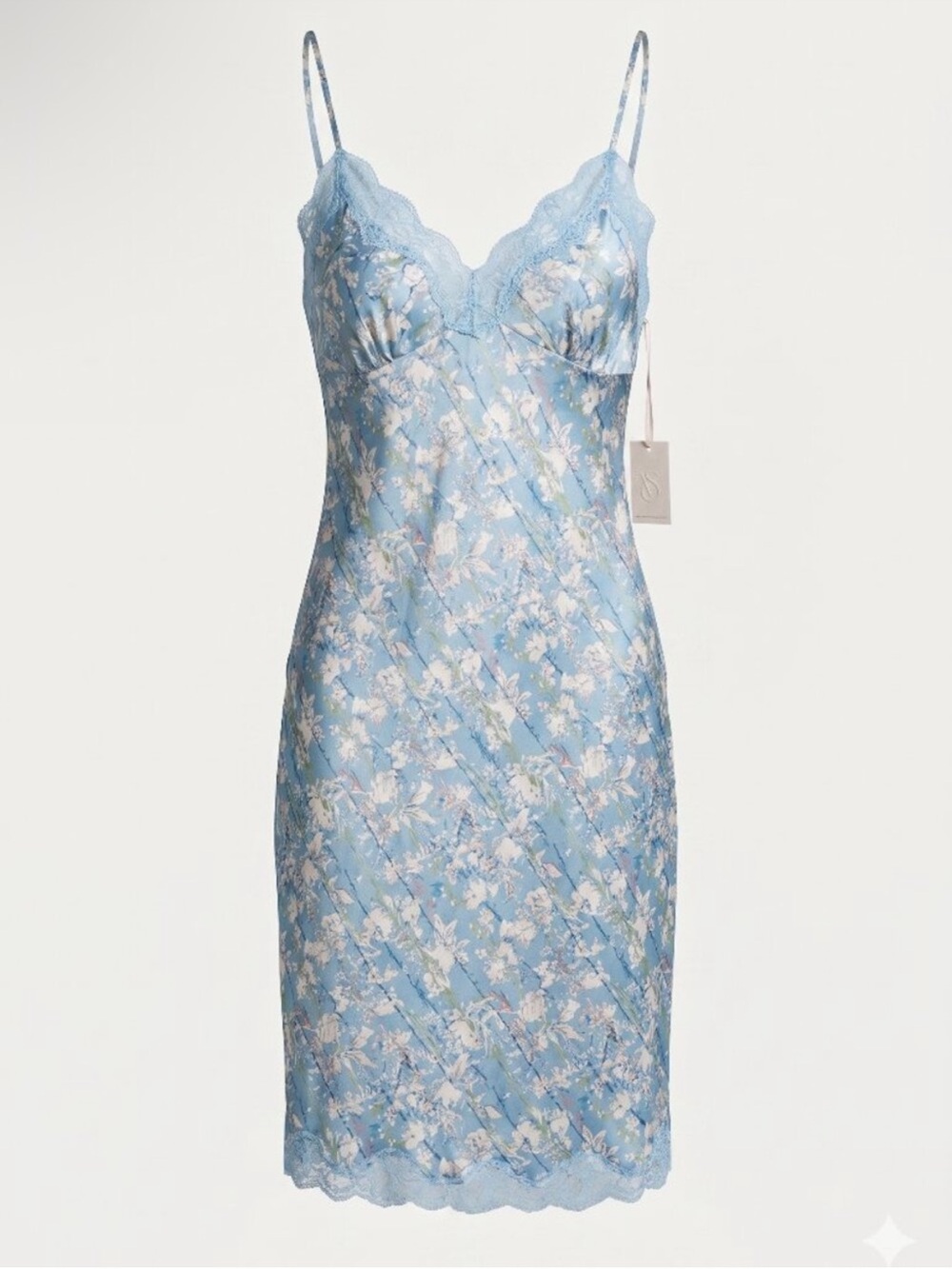 Gold Hawk Silk Forget Me Not Blue Print Lace Trim Slip Dress NWT Small